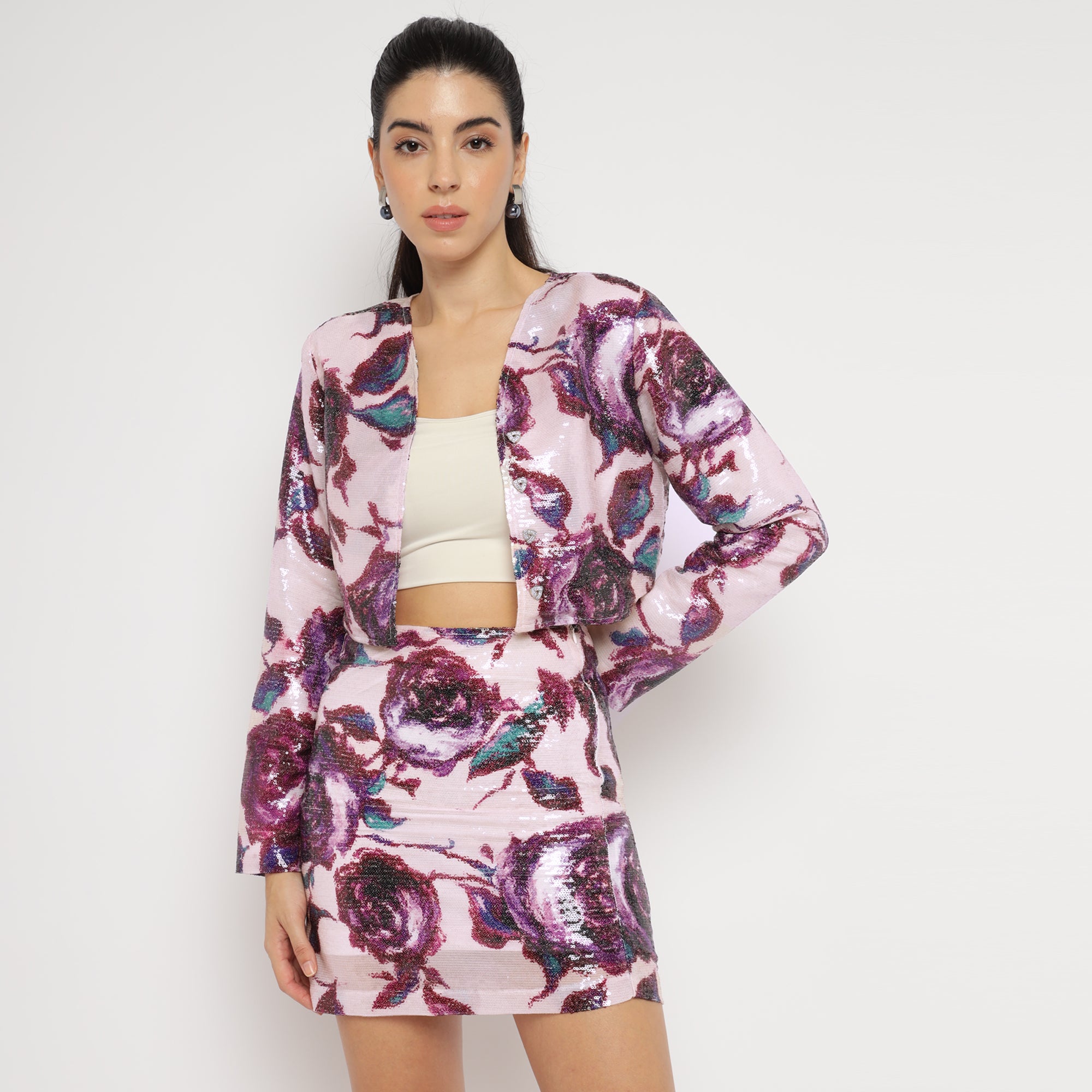 Pink Sequin Floral Co-ord Set (Jacket + Skirt)